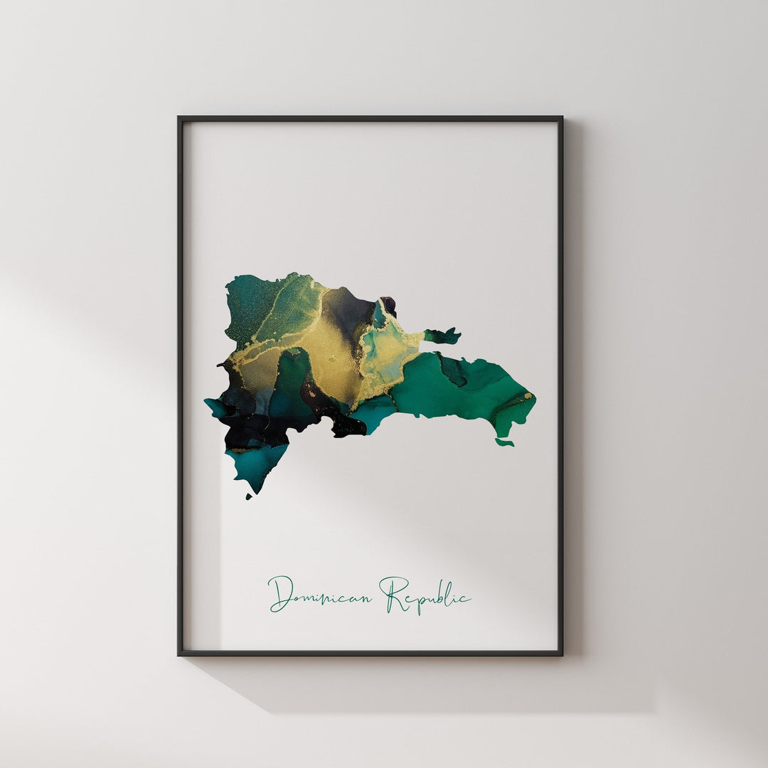Dominican Republic Map Emerald Green and Gold Wall Art Print