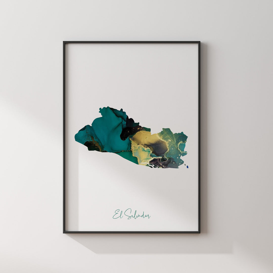 El Salvador Map Emerald Green and Gold Wall Art Print
