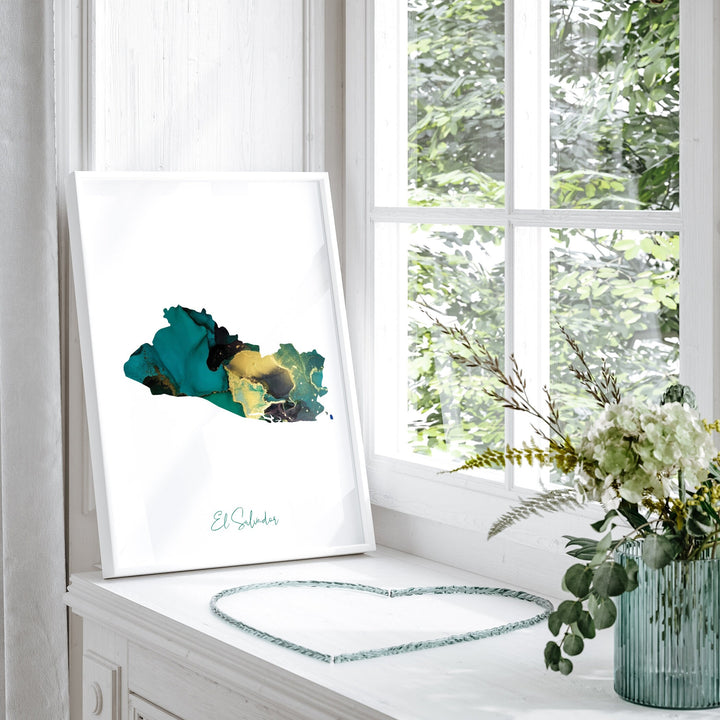 El Salvador Map Emerald Green and Gold Wall Art Print