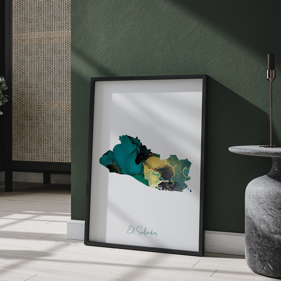 El Salvador Map Emerald Green and Gold Wall Art Print