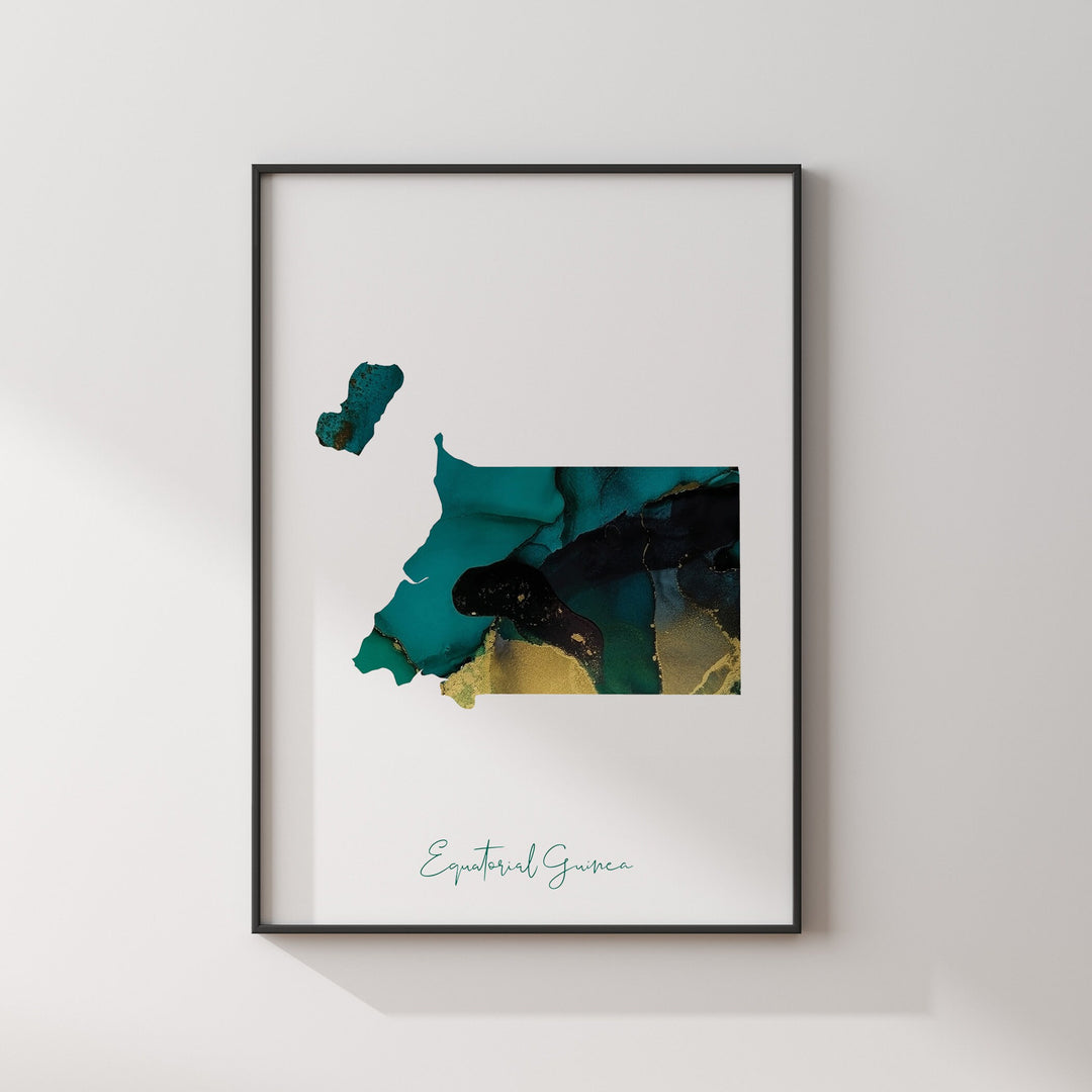 Equatorial Guinea Map Emerald Green and Gold Wall Art Print