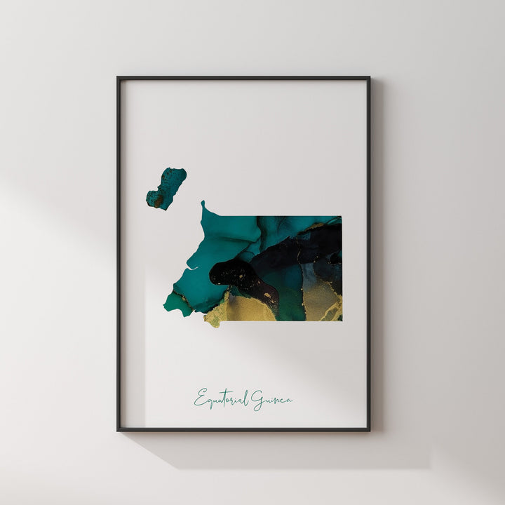 Equatorial Guinea Map Emerald Green and Gold Wall Art Print