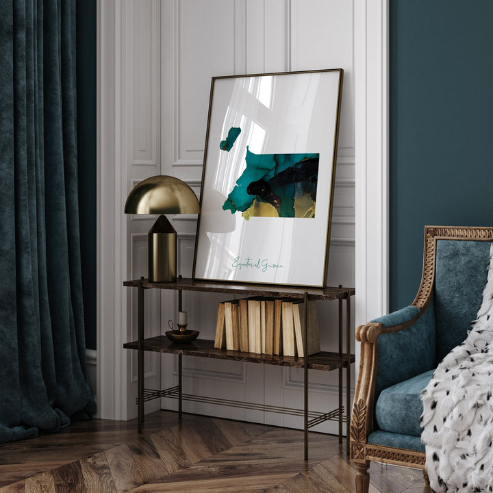 Equatorial Guinea Map Emerald Green and Gold Wall Art Print