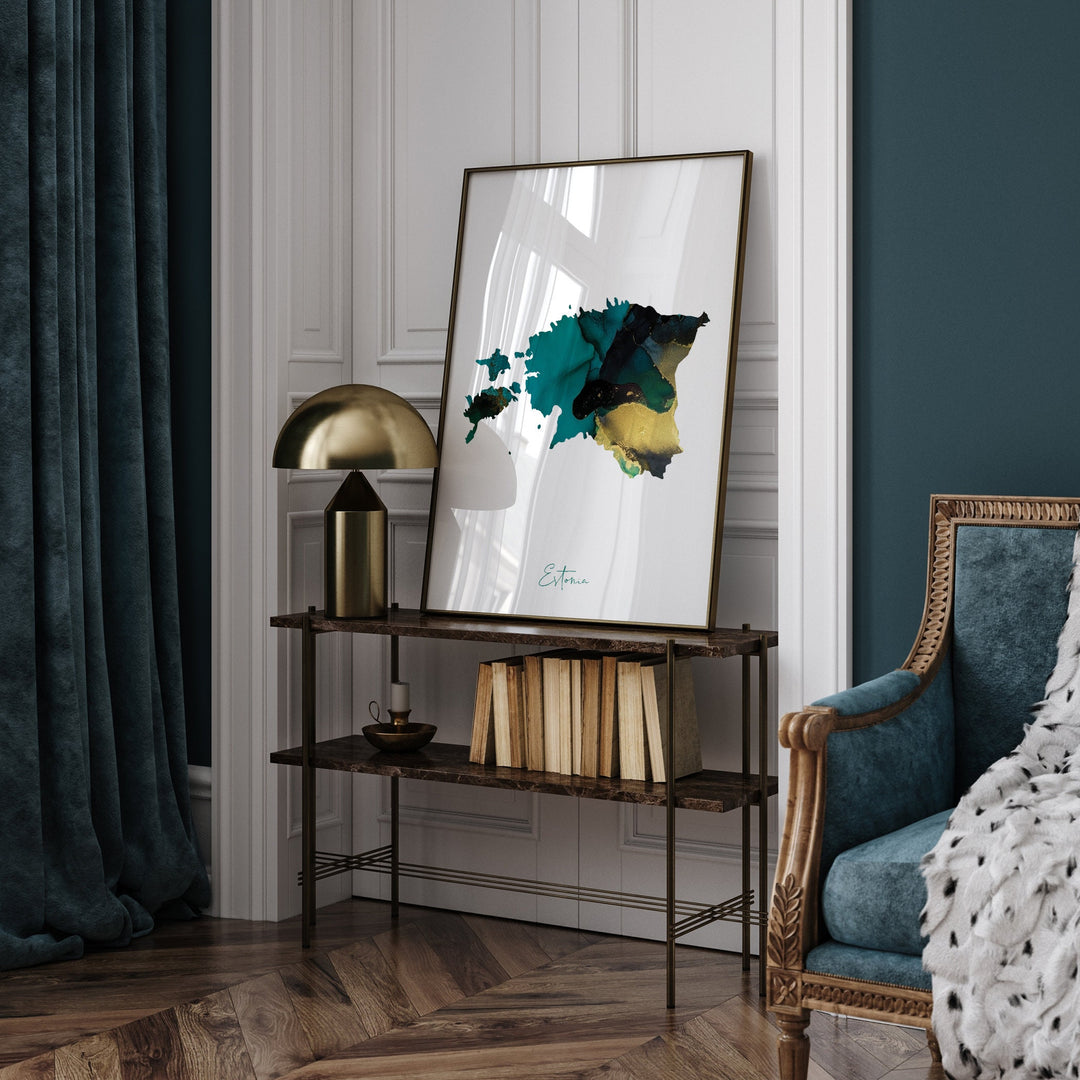 Estonia Map Emerald Green and Gold Wall Art Print