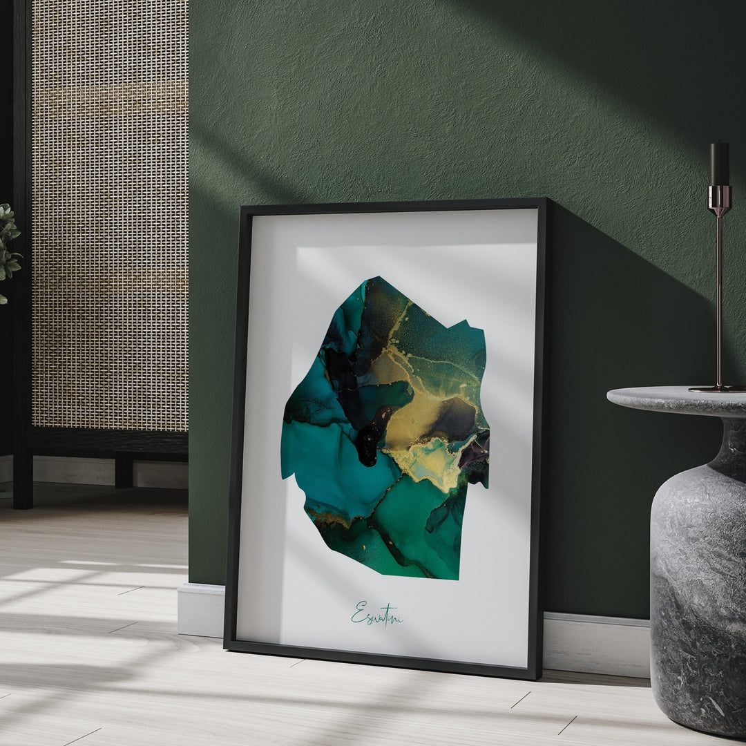 Eswatini Map Emerald Green and Gold Wall Art Print