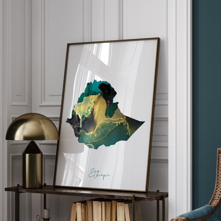 Ethiopia Map Emerald Green and Gold Wall Art Print