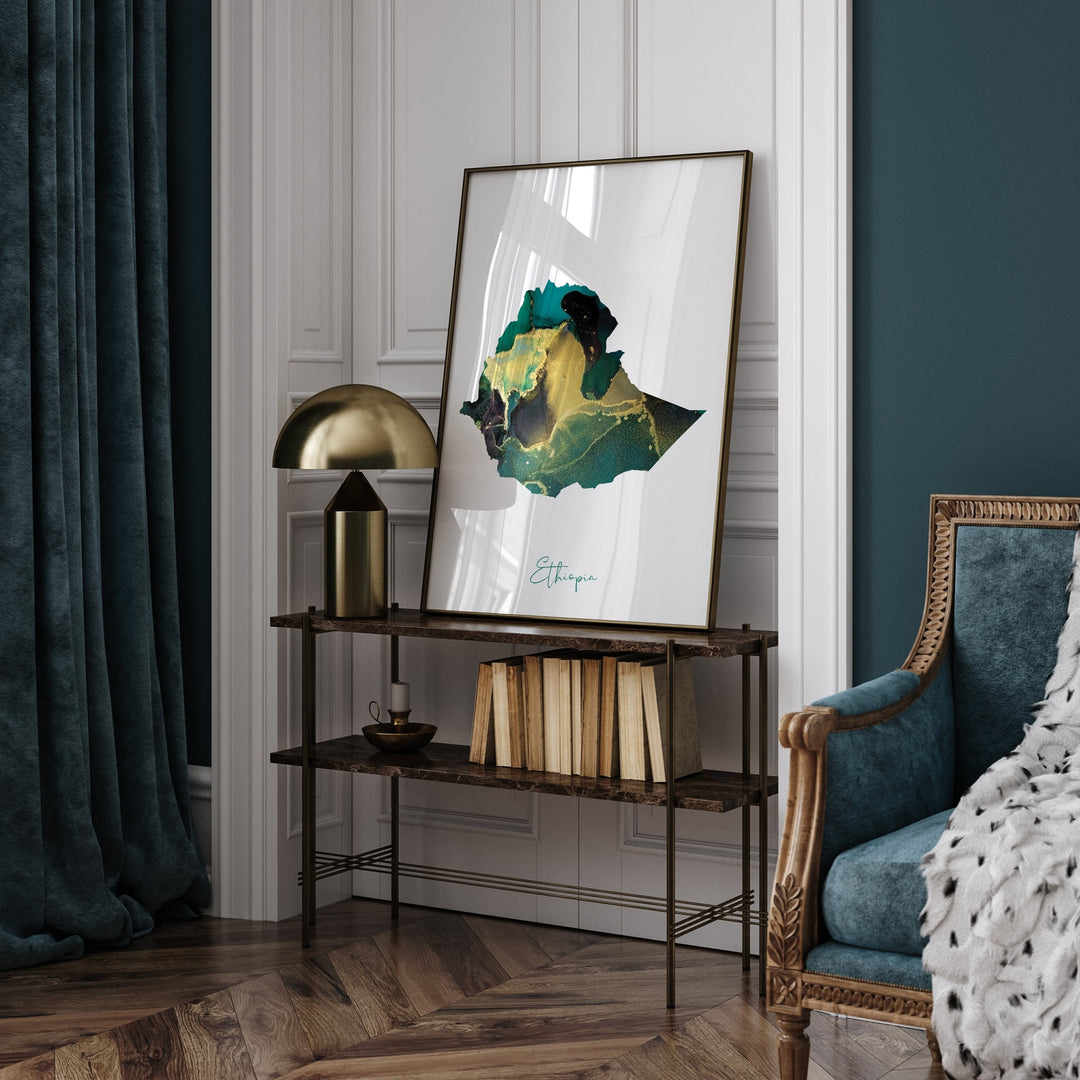 Ethiopia Map Emerald Green and Gold Wall Art Print