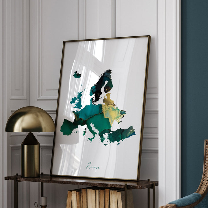 Europe Map Emerald Green and Gold Wall Art Print