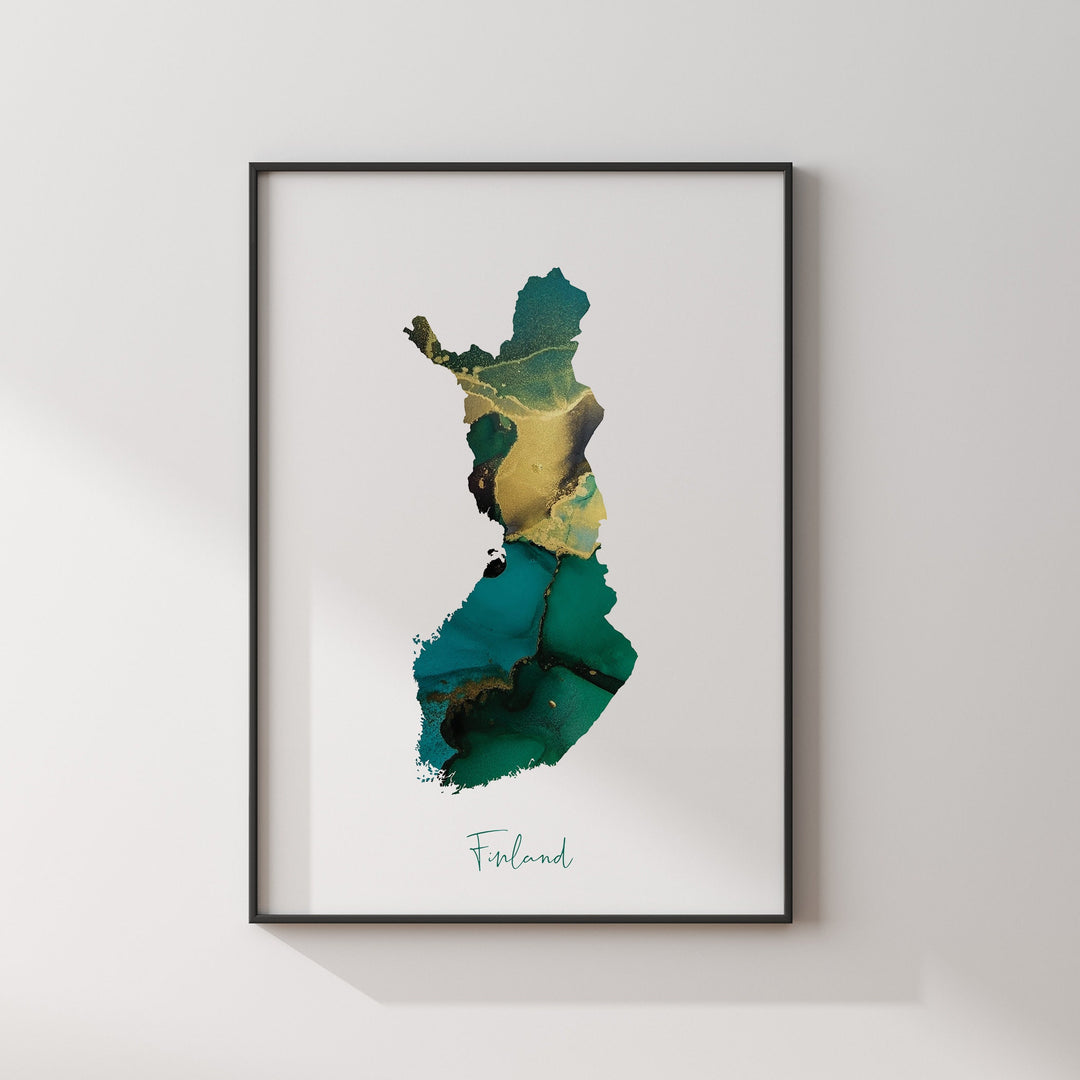Finland Map Emerald Green and Gold Wall Art Print