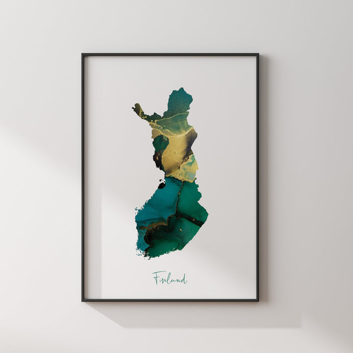 Finland Map Emerald Green and Gold Wall Art Print