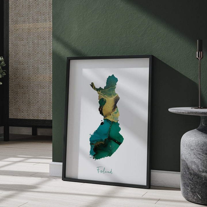 Finland Map Emerald Green and Gold Wall Art Print