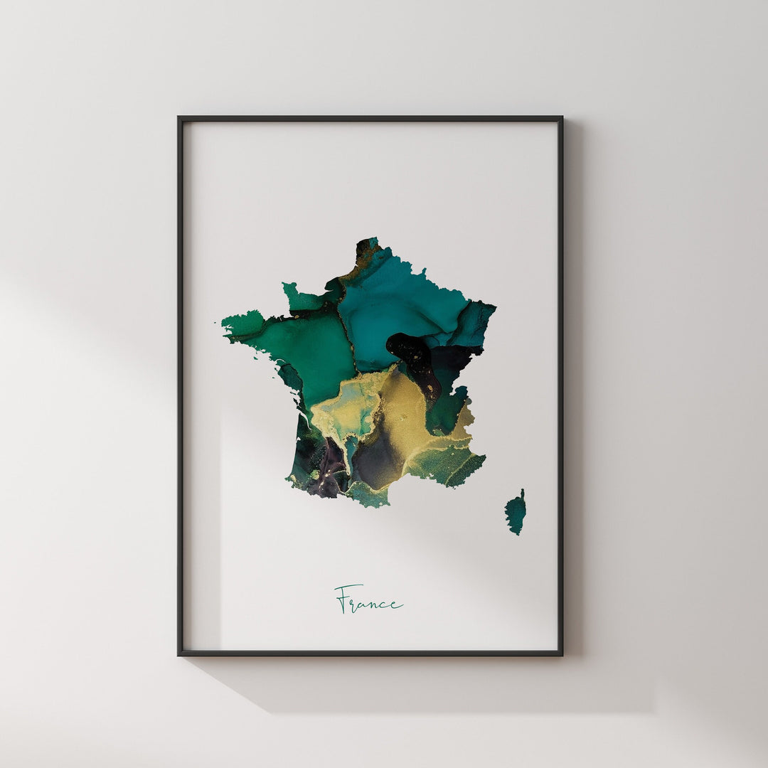 France Map Emerald Green and Gold Wall Art Print