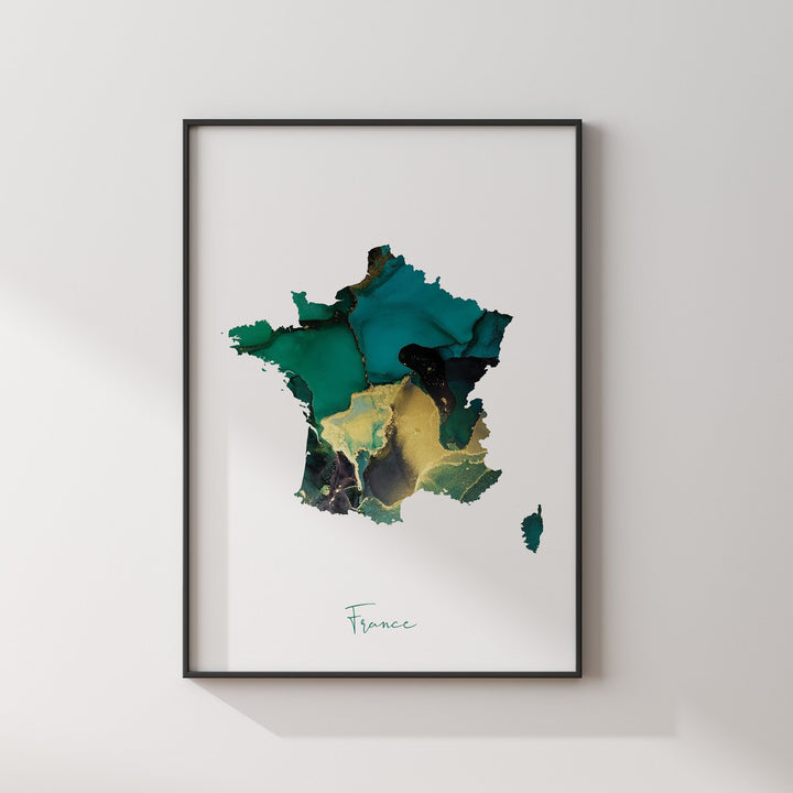France Map Emerald Green and Gold Wall Art Print