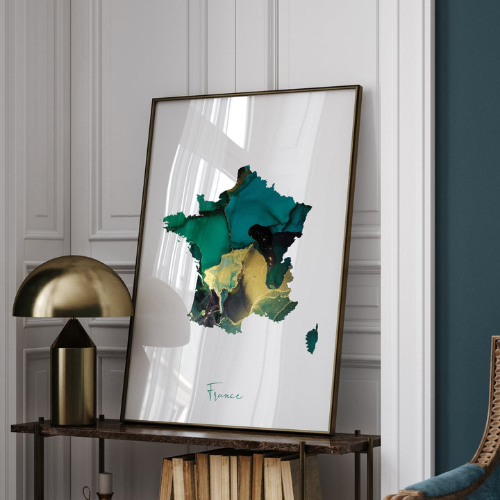 France Map Emerald Green and Gold Wall Art Print