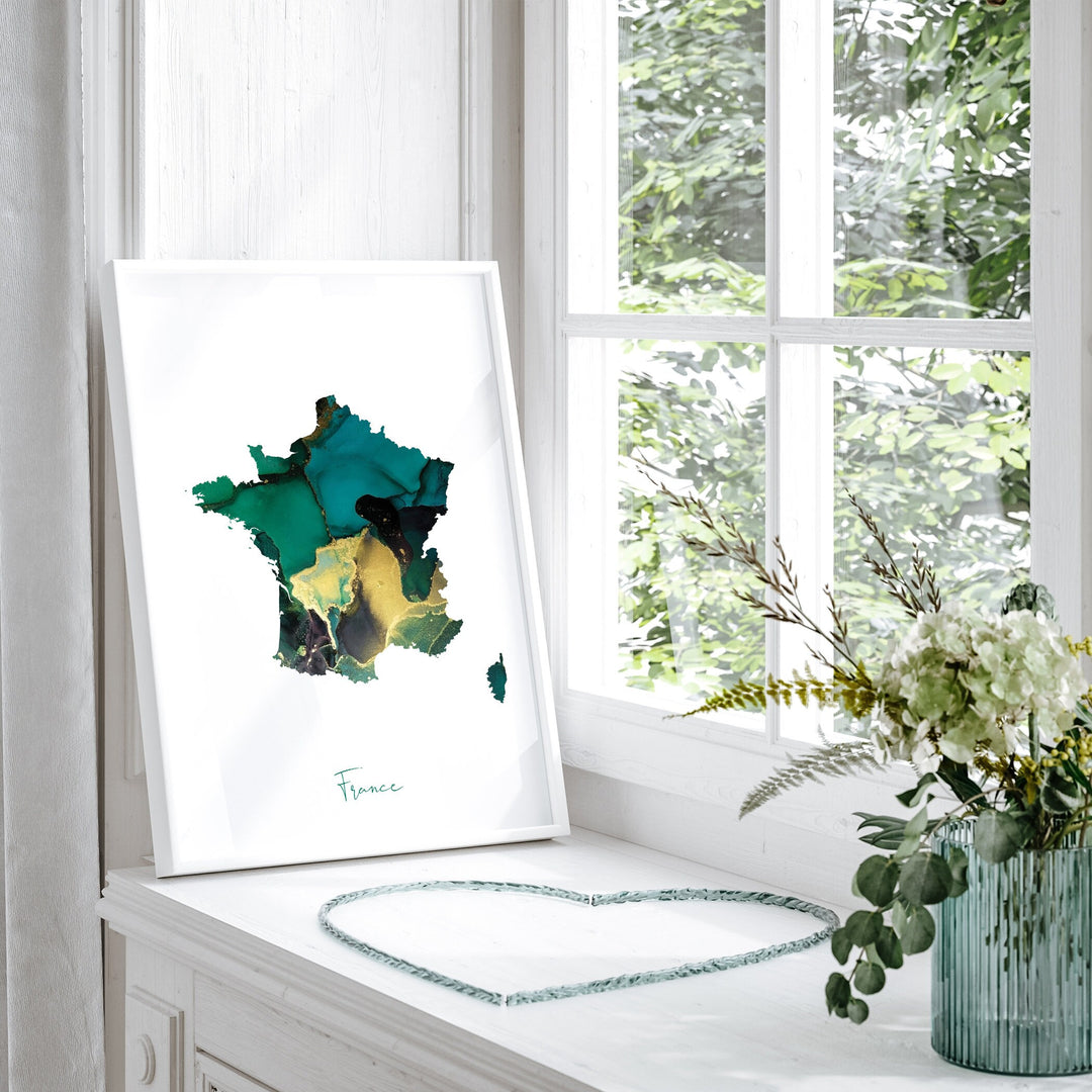 France Map Emerald Green and Gold Wall Art Print