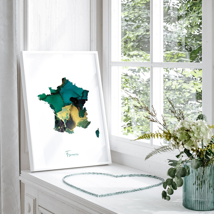 France Map Emerald Green and Gold Wall Art Print