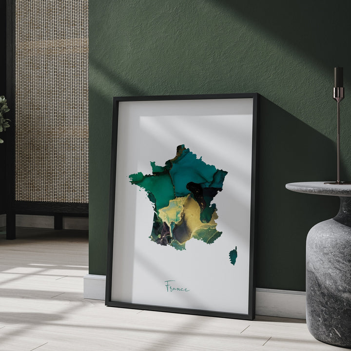 France Map Emerald Green and Gold Wall Art Print