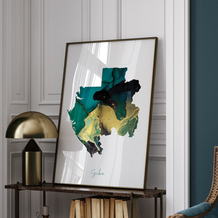 Gabon Map Emerald Green and Gold Wall Art Print