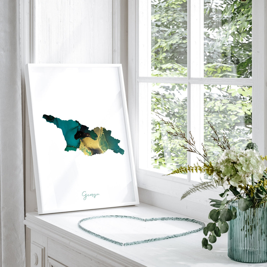 Georgia Map Emerald Green and Gold Wall Art Print