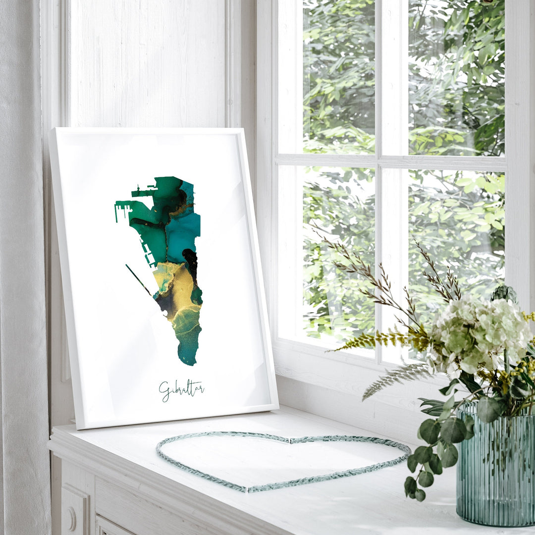 Gibraltar Map Emerald Green and Gold Wall Art Print