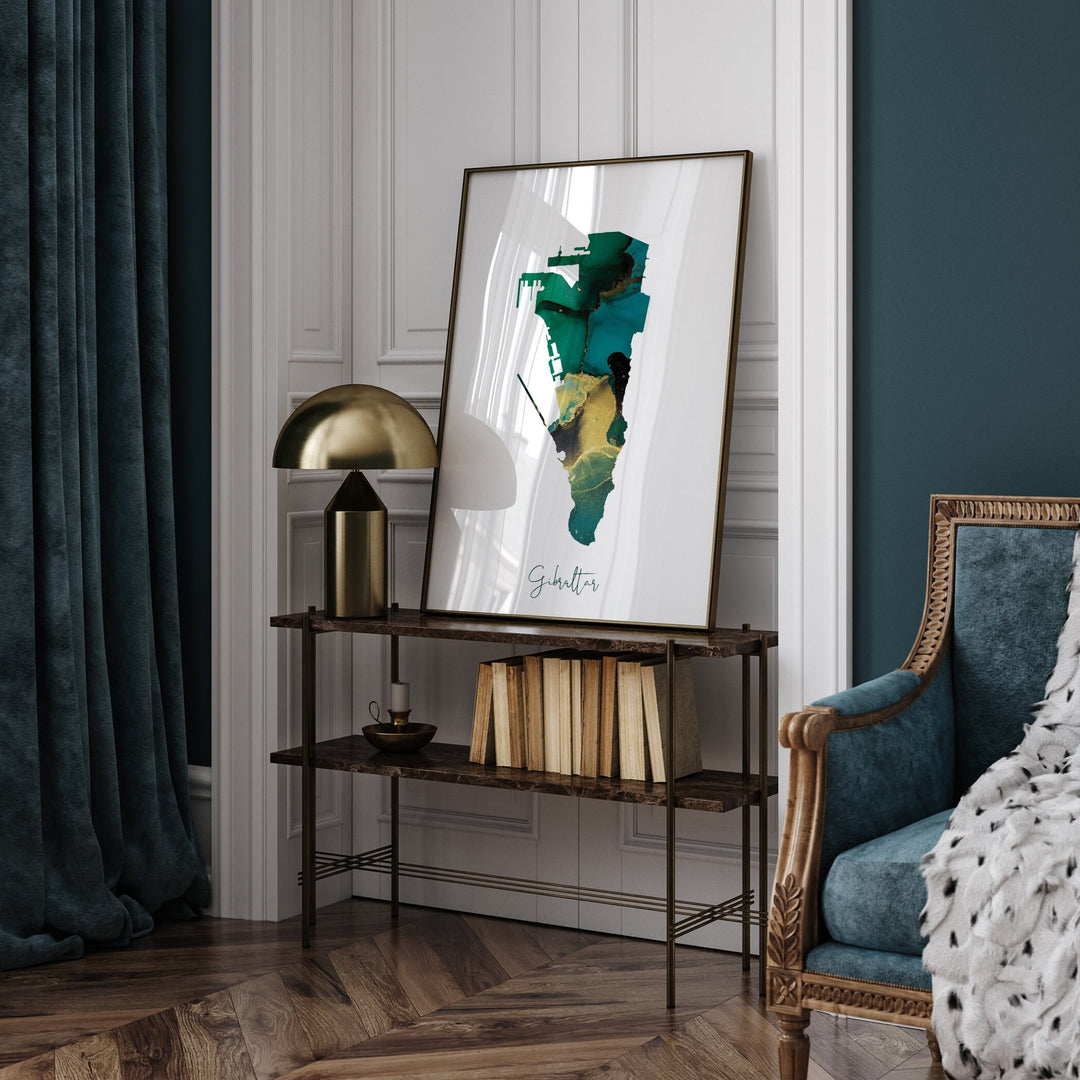 Gibraltar Map Emerald Green and Gold Wall Art Print