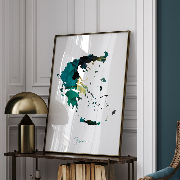 Greece Map Emerald Green and Gold Wall Art Print