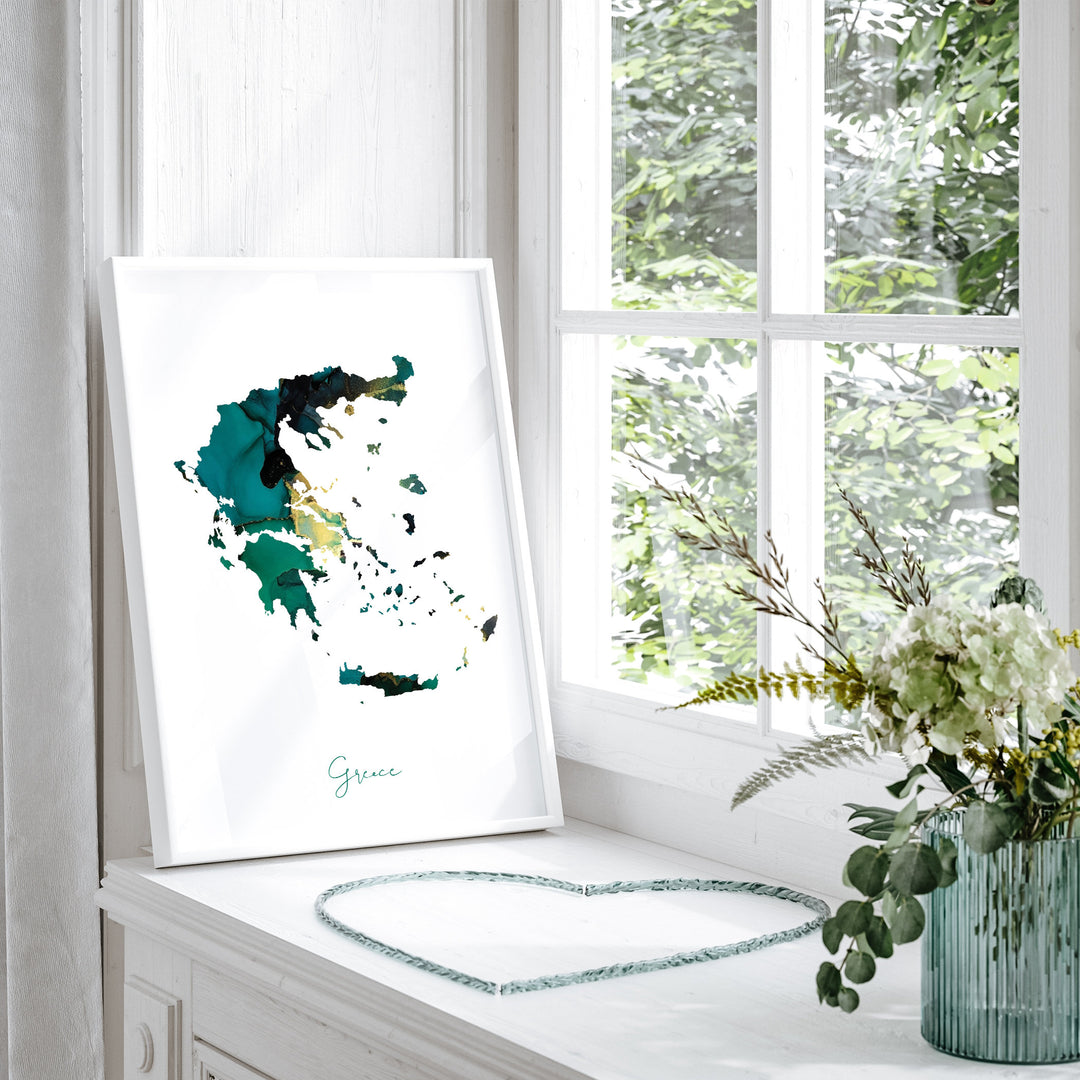Greece Map Emerald Green and Gold Wall Art Print