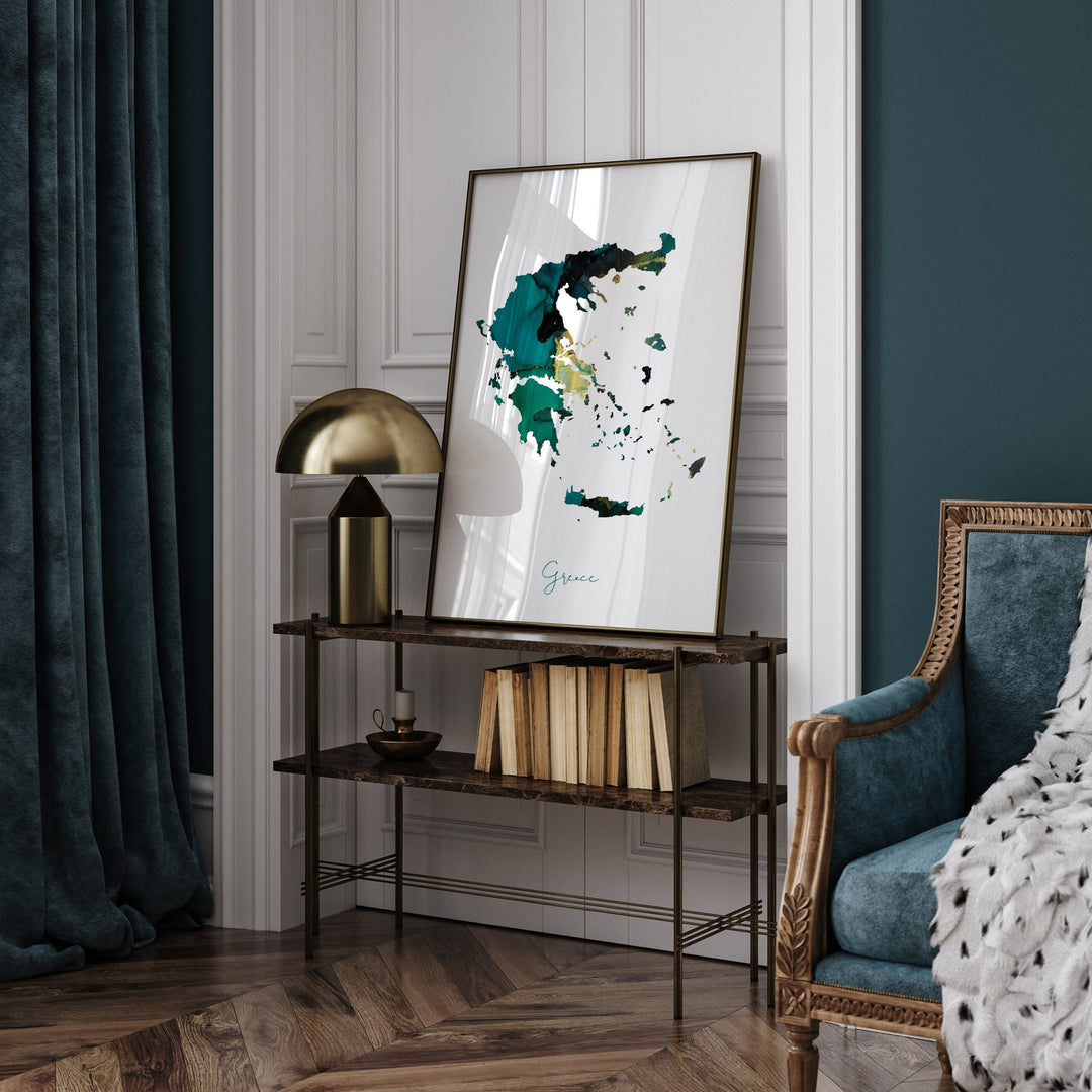 Greece Map Emerald Green and Gold Wall Art Print