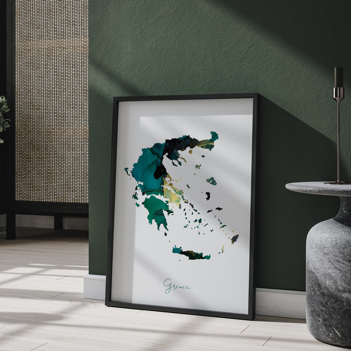 Greece Map Emerald Green and Gold Wall Art Print