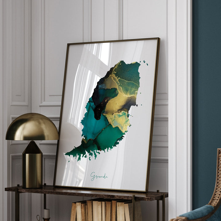 Grenada Map Emerald Green and Gold Wall Art Print