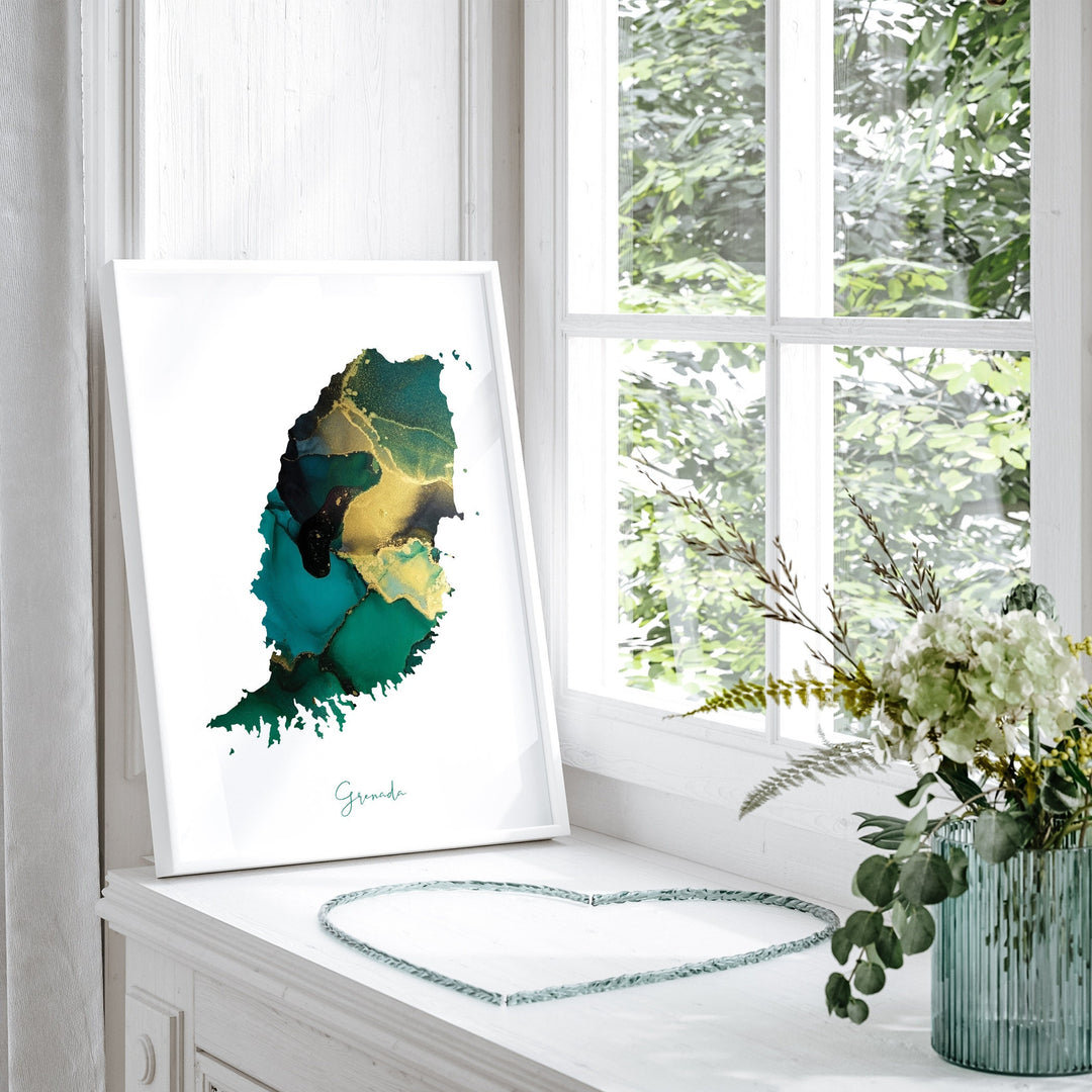 Grenada Map Emerald Green and Gold Wall Art Print