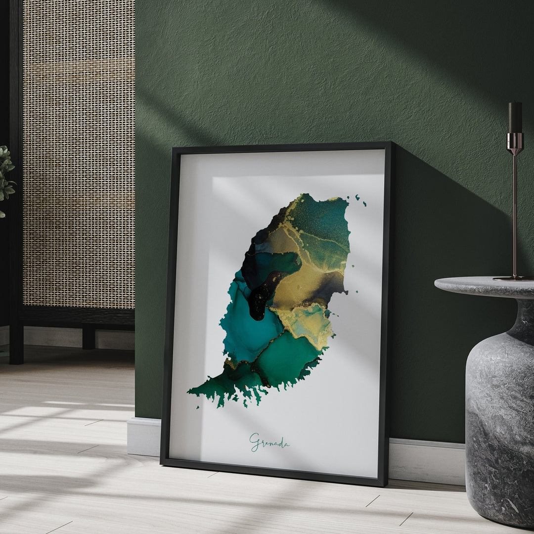 Grenada Map Emerald Green and Gold Wall Art Print