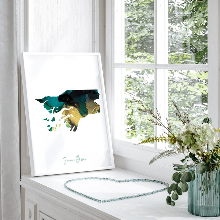 Guinea-Bissau Map Emerald Green and Gold Wall Art Print