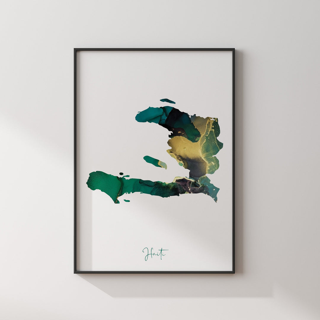 Haiti Map Emerald Green and Gold Wall Art Print