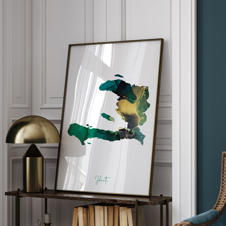 Haiti Map Emerald Green and Gold Wall Art Print