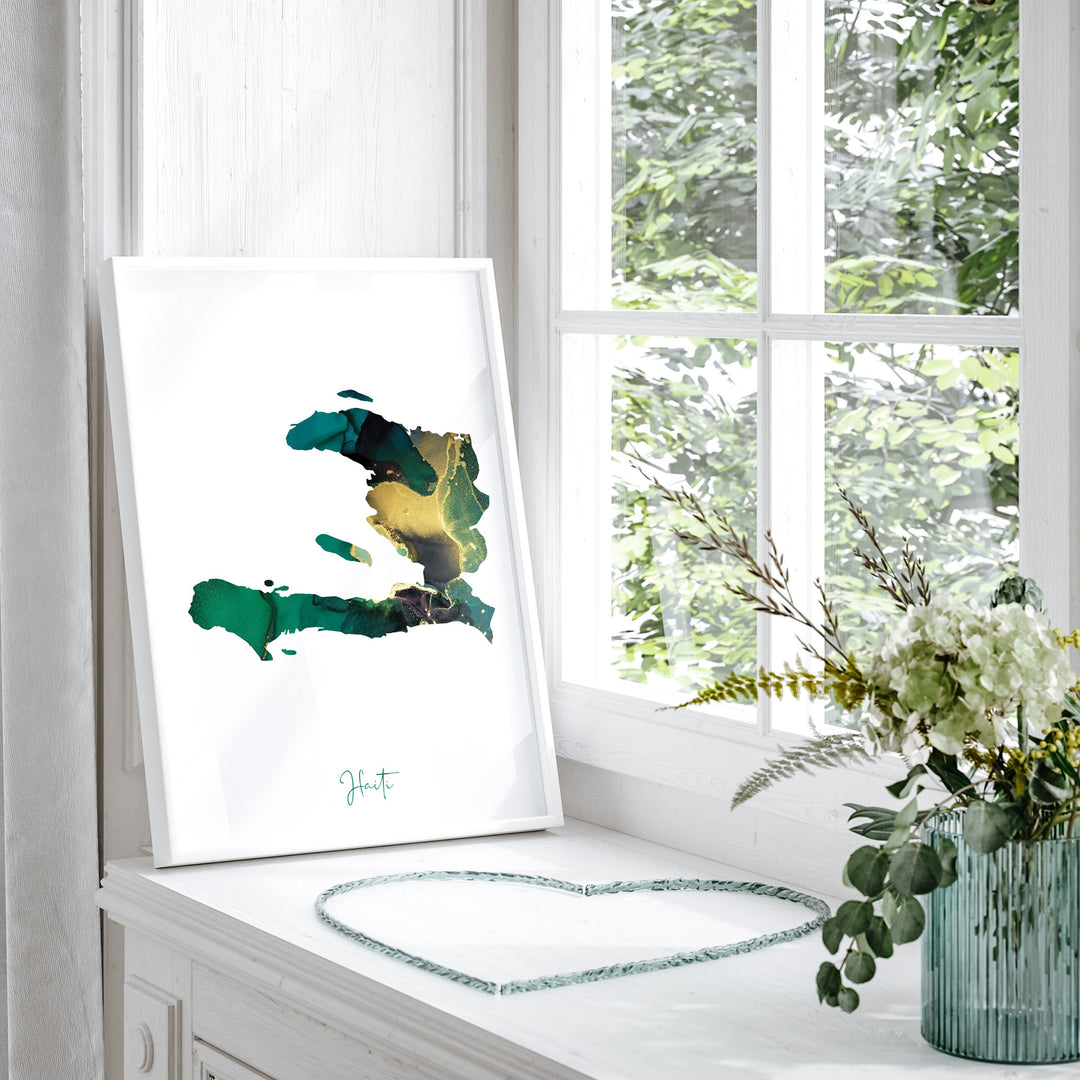 Haiti Map Emerald Green and Gold Wall Art Print