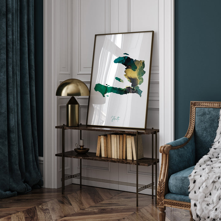Haiti Map Emerald Green and Gold Wall Art Print