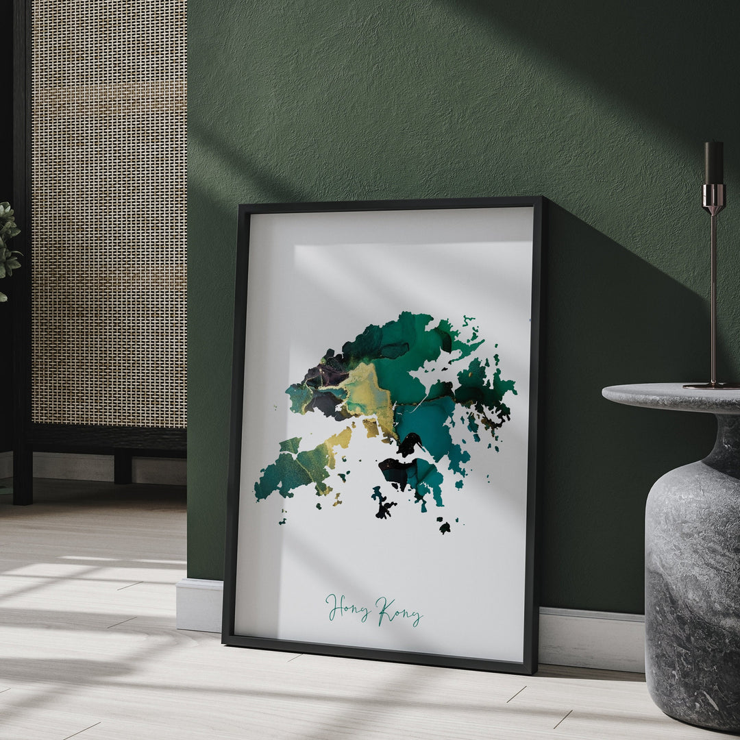 Hong Kong Map Emerald Green and Gold Wall Art Print