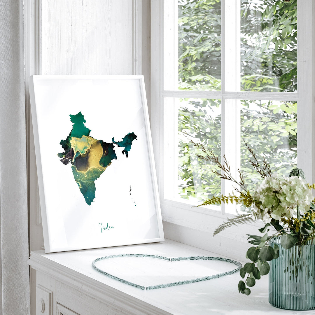 India Map Emerald Green and Gold Wall Art Print