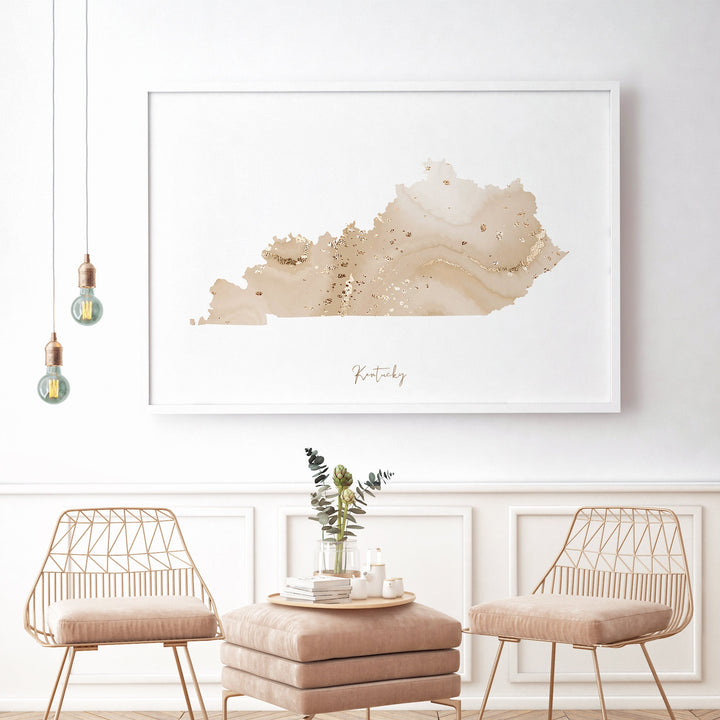 Kentucky Map Beige & Gold Wall Art Print | US State | USA | United States of America