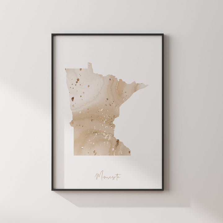 Minnesota Map Beige & Gold Wall Art Print | US State | USA | United States of America