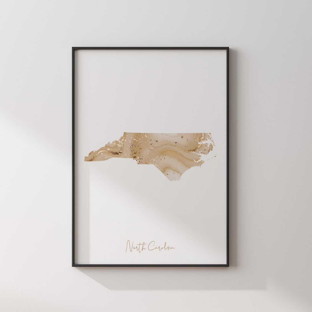 North Carolina Map Beige & Gold Wall Art Print | US State | USA | United States of America