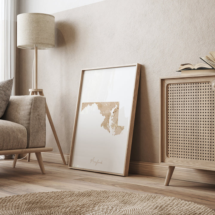 Maryland Map Beige & Gold Wall Art Print | US State | USA | United States of America