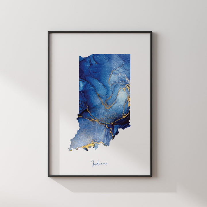 Indiana Map Blue and Gold Wall Art Print | US State | United States of America | USA