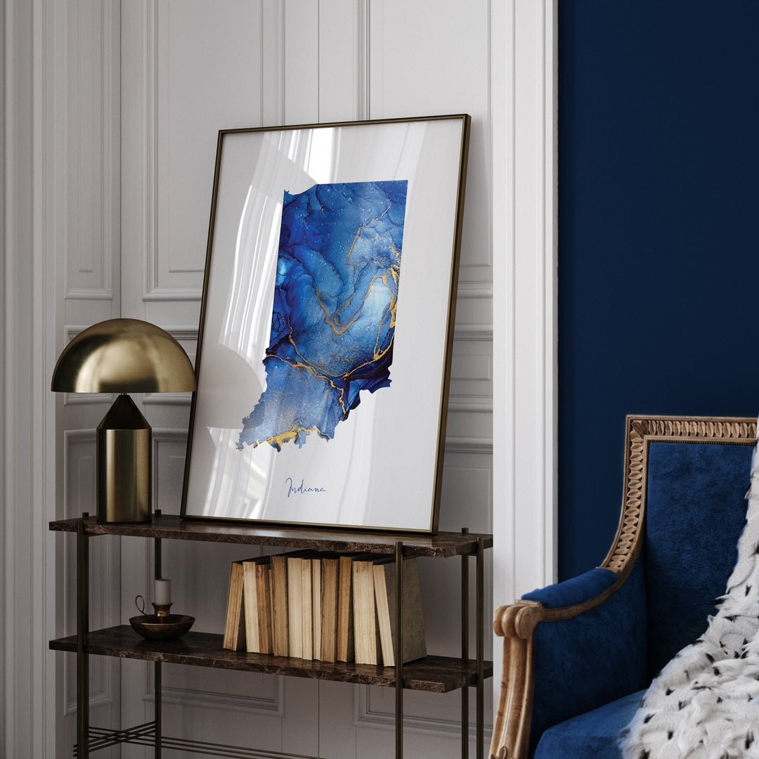 Indiana Map Blue and Gold Wall Art Print | US State | United States of America | USA