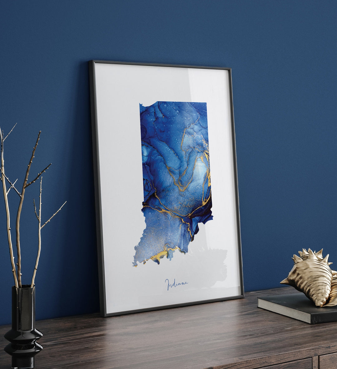 Indiana Map Blue and Gold Wall Art Print | US State | United States of America | USA