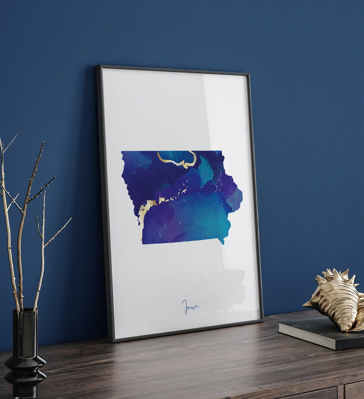 Iowa Map Blue and Gold Wall Art Print | US State | United States of America | USA