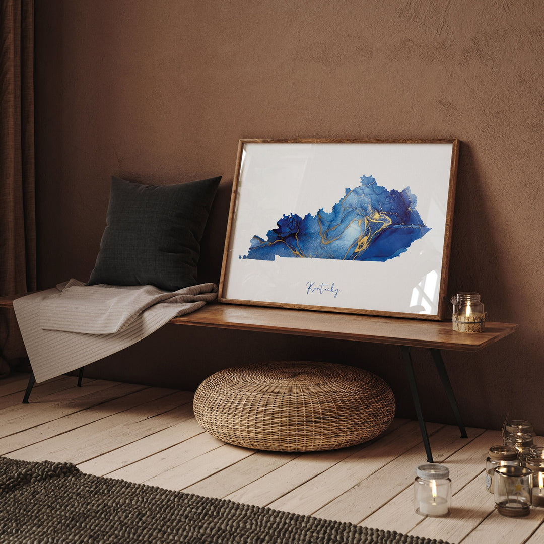Kentucky Map Blue and Gold Wall Art Print | US State | United States of America | USA
