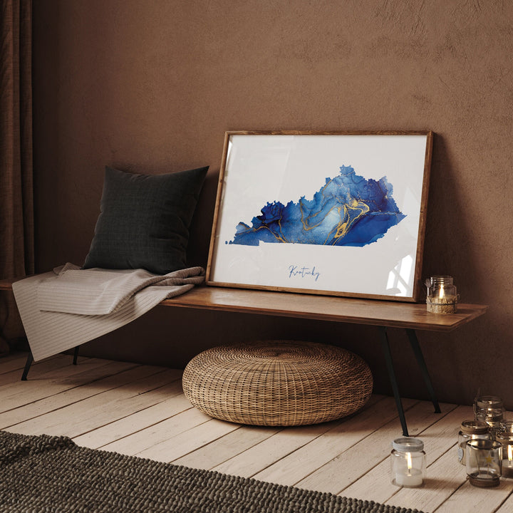 Kentucky Map Blue and Gold Wall Art Print | US State | United States of America | USA