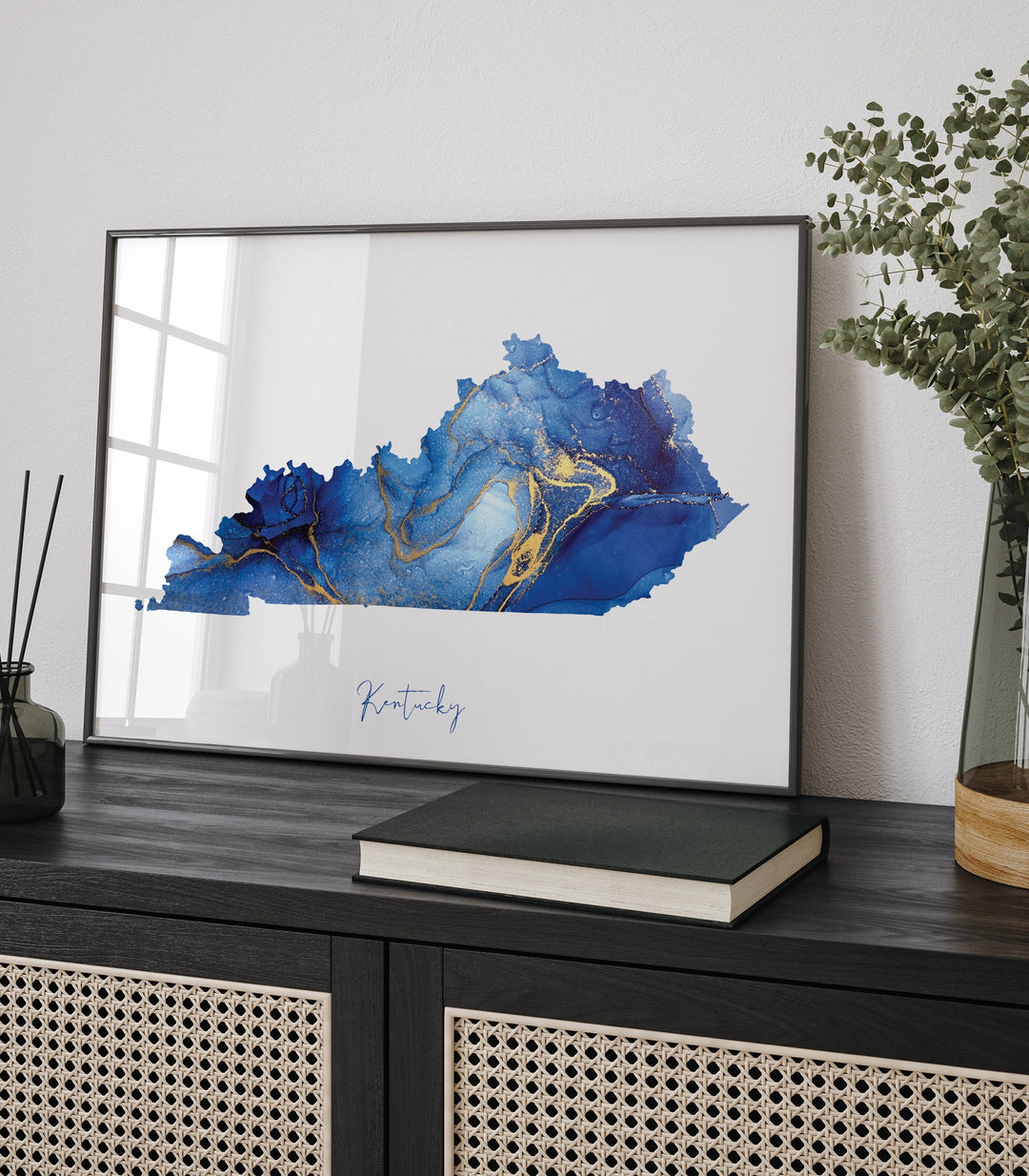 Kentucky Map Blue and Gold Wall Art Print | US State | United States of America | USA